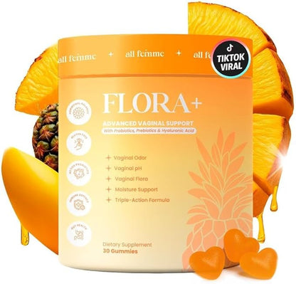 Flora+ Women’s Vaginal Probiotic Gummies for pH Balance, Odor and Freshness Support with Prebiotics & Hyaluronic Acid, Sugar Free Pineapple, Vegan Non-GMO | 30 Gummies
