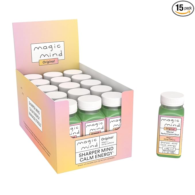 Magic Mind Energy And Focus Drink Shots - Stress Relieving, No Jitters, Ashwagandha, Vitamin B12, Vitamin C, Matcha Green Tea, Functional Mushrooms - 2 FL Oz (15 Pack)
