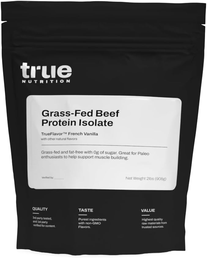 True Nutrition Grass Fed Beef Protein Isolate Powder - 29g Protein per Serving - Zero Carb, Fat Free, Dairy Free, Non-GMO - Paleo, Keto, Carnivore - French Vanilla - 2lb