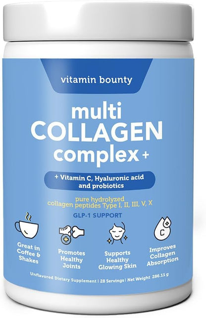 Vitamin Bounty Multi Collagen Peptides Powder for Men & Women (Complex Plus) - 5 Types Hydrolyzed Collagen Protein - Probiotics, Vitamin C & Hyaluronic Acid - Grass Fed Bovine Supplements, 28 Servings