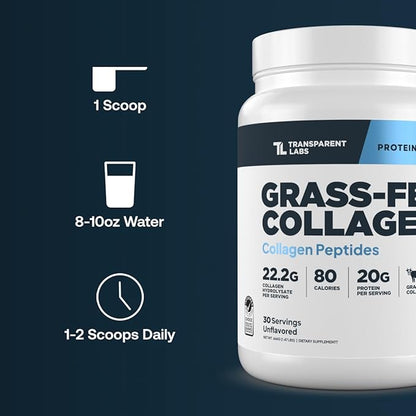 Transparent Labs Grass-Fed Collagen Peptides Powder - Collagen Powder for Women & Men, 22G Bovine Hydrolyzed Collagen Peptides Powder for Skin, Hair, Joint & Muscle Recovery - Unflavored, 30 Servings