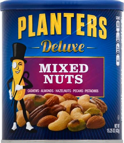PLANTERS Deluxe Mixed Nuts - Roasted Cashews, Almonds, Brazil Nuts, Pistachios, and Pecans, Plant-Based Protein, Quick Snack, 15.25oz Canister (Pack of 4)