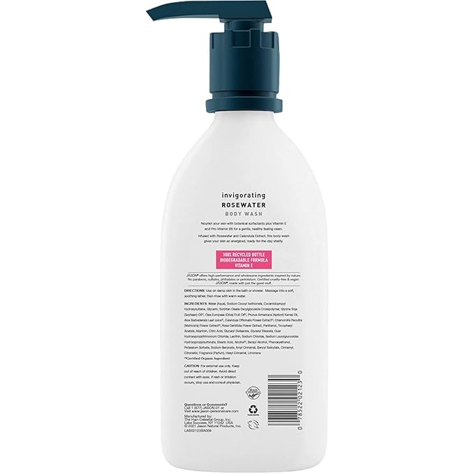 JASON Rosewater Invigorating Body Wash Women/Men, For a Gentle & Clean Feel, 30 Fluid Ounces (Pack of 2)