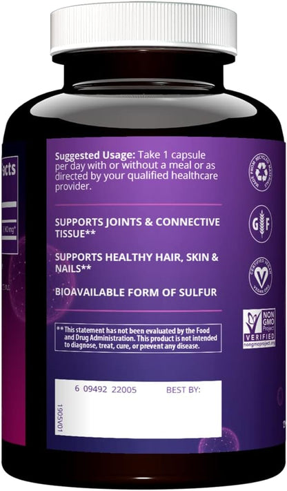 MRM Nutrition MSM 1000mg | Pure Methyl-sulfonyl-methane Capsules | Joint, Hair, Skin & Nail Support | Bioavailable Sulfur Supplement | Vegan + Gluten-Free | 120 Servings