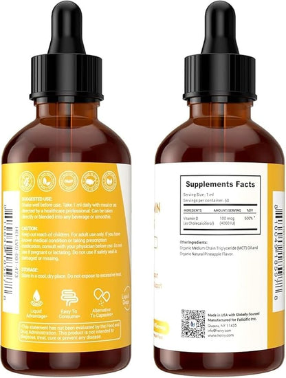 Heivy Liquid Vitamin D Drops 4000 IU (100 mcg), Vitamin D3 for Bone Health Support, Pineapple Flavor Vegan VIT D3 Drops, Made in USA, 60 Servings 2 Fl Oz (60ml)