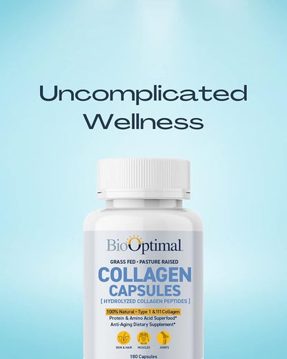 BioOptimal Collagen Peptides Capsules - Grass-Fed, Pasture-Raised Hydrolyzed Protein Supplement for Skin, Hair, & Nails - Non-GMO, Zero Sugar Daily Pills for Men & Women (180 Capsules)