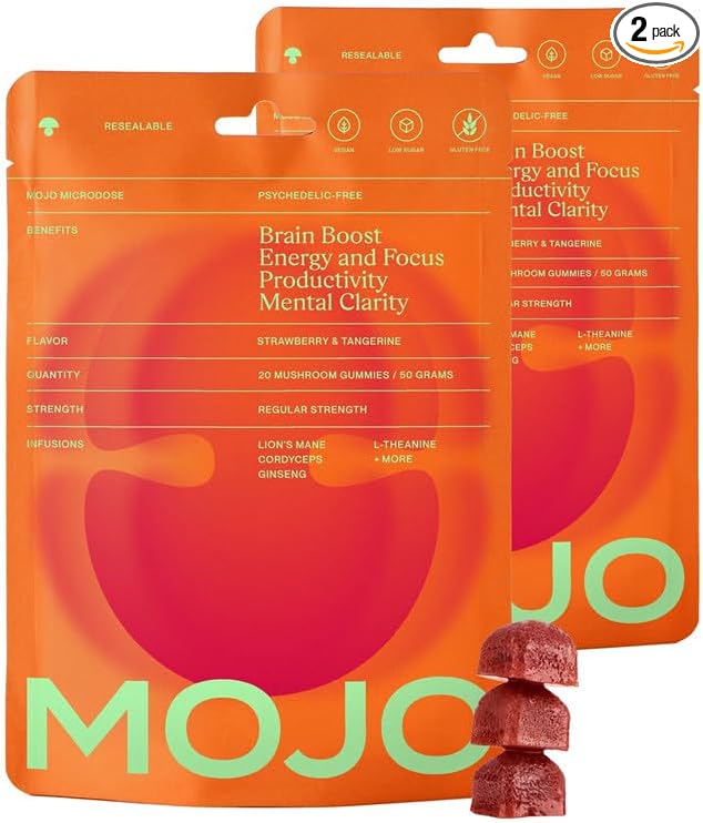 Mojo Focus Gummies with Lion’s Mane, Panax Ginseng, Ginger Root & Cordyceps, Brain Supplement for Memory and Focus, Nootropic Mushroom Gummies for Adults, Vegan Strawberry Tangerine, 2 Pack