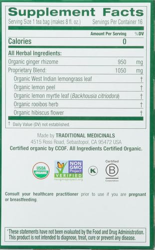 Traditional Medicinals Organic Lemon Ginger Tea, 1.13 Oz, 16 Count (Pack of 2)