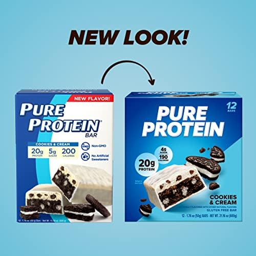 Pure Protein Cookies And Cream Protein Bars – 20g Protein, 3g Sugar, 190 Calories (12 count) Low Sugar* High Protein Snack - Gluten Free - Perfect for a Healthy Snack