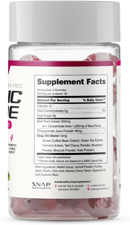 Snap Supplements Nitric Oxide Gummies - Beet Root Extract 300mg, Sugar Free Beetroot Supplement with Pomegranate Powder for Circulation & Natural Energy, 60 Vegan Gummies (2-Pack), Cherry Flavor