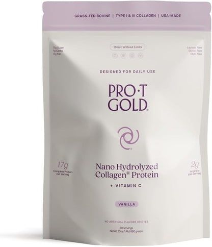ProT Gold Collagen Protein Powder, 17g Protein Nano-Hydrolyzed Grass Fed Collagen, Vitamin C, 2g Arginine for Wound Support, Gluten Free, All Natural, Fat and Sugar Free, 0g Carbs, Vanilla, 23 oz, 30