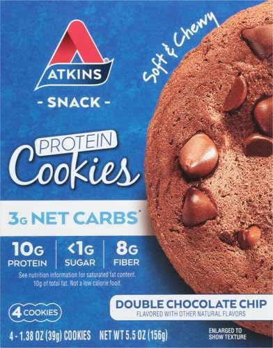 Atkins Double Chocolate Chip Protein Cookie, Protein Dessert, Rich in Fiber, 3g Net Carbs, 1g Sugar, Keto Friendly, 4 Count