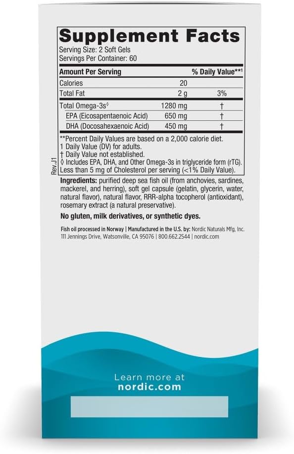 Nordic Naturals Ultimate Omega, Lemon Flavor - 120 Soft Gels - 1280 mg Omega-3 - High-Potency Fish Oil Supplement with EPA & DHA - Promotes Brain & Heart Health - Non-GMO - 60 Servings