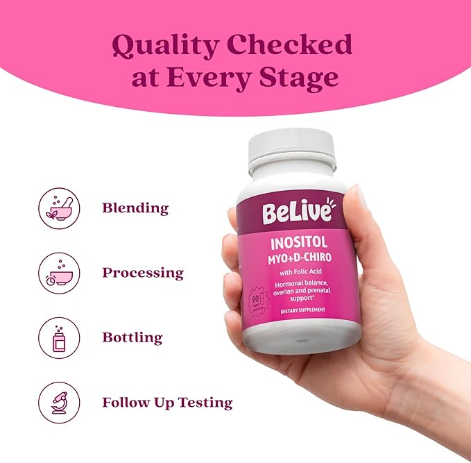 BeLive Myo-Inositol & D-Chiro Inositol Capsules - 90Ct I Inositol Supplement with Folic Acid Supplements for Woman, Optimal 40:1 Ratio (1)