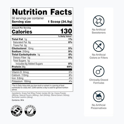 Transparent Labs Grass-Fed Whey Protein Isolate - Naturally Flavored, Gluten Free Whey Protein Powder with 28g of Protein per Serving & 9 Amino Acids - 30 Servings, Milk Chocolate