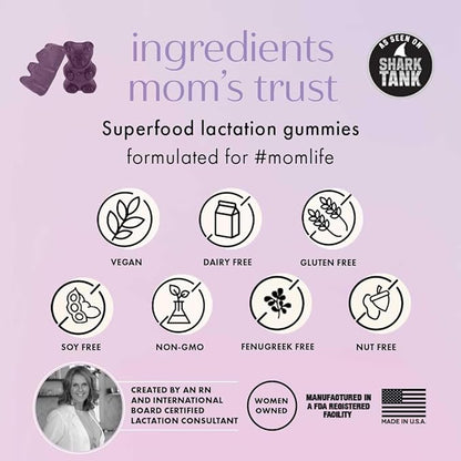 Boobie Bears Lactation Support Gummies | Helps As Milk Supply Booster & Supports Immune Health & Hair Growth | Breastfeeding Supplements with Zinc & Elderberry for Milk Supply Increase, 60 Count