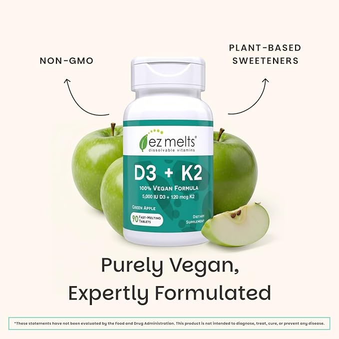 EZ Melts Dissolvable Vegan Vitamin D3 + K2 5,000 IU - Bone & Heart Health Support - Immune Function Support - No Artificial Flavors - Non-GMO - Green Apple - 90 Dissolvable Tablets (90 Servings)