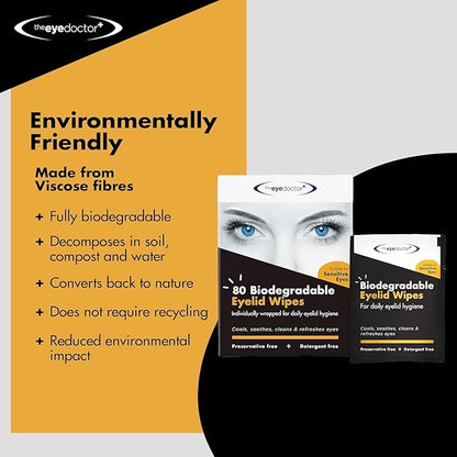 The Eye Doctor Biodegradable Eyelid Wipes - 80 x Single Use Eye Cleaning Wipes for Daily Lid Care - Individual Preservative Free Sensitive Eye Cleaner - Soothes Cleans and Refreshes