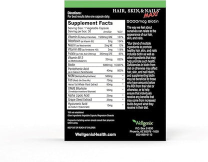 Wellgenix Purvana MAX Hair Skin and Nails Supplement – 5000mcg Biotin with MSM & B-Complex – Support for Thicker Hair, Stronger Nails & Glowing Skin – 30 Veggie Capsules