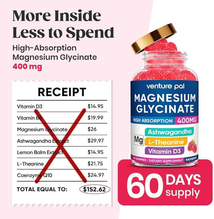 60 Day Supply Magnesium Glycinate 400mg Gummies with Ashwagandha, L-Theanine, CoQ10, Vitamin D3 & B6, Sugar Free Magnesium Gummies for Adults & Kids, Stress Relief, Sleep & Calm, Vegan, Gluten Free