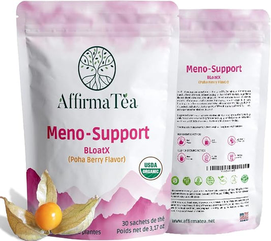 Meno-Support BloatX Organic Menopause Relief: Balances & Supports Hot Flashes, Hormones, Moods Swings, Night Sweats, & Bloating with Black Cohosh, Red Clover & Dong Quai. Natural Poha Berry Flavor.
