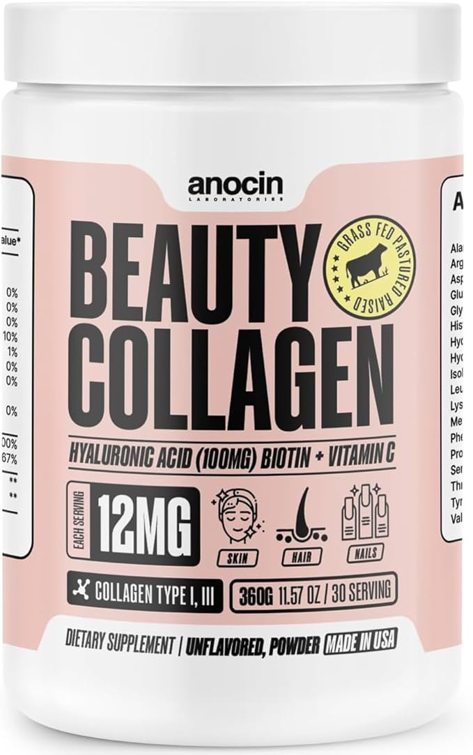 anocin Beauty Collagen Peptides Powder – Hydrolyzed Type I & III, Grass-Fed, Unflavored – Supports Skin, Hair & Nails with Hyaluronic Acid + Vitamin C – Dissolves Easily – 20 g Collagen per Serving
