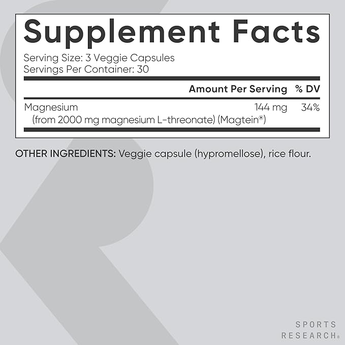 Sports Research® Magnesium L-Threonate Capsules 2000mg - High-Absorption Magtein® for Enhanced Brain Health, Memory, Focus & Restful Sleep Support - Vegan · Non-GMO · Gluten Free - 90 Count