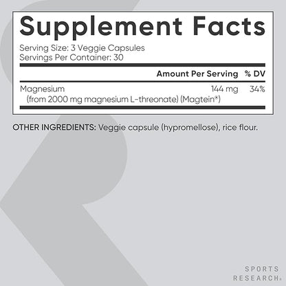 Sports Research® Magnesium L-Threonate Capsules 2000mg - High-Absorption Magtein® for Enhanced Brain Health, Memory, Focus & Restful Sleep Support - Vegan · Non-GMO · Gluten Free - 90 Count