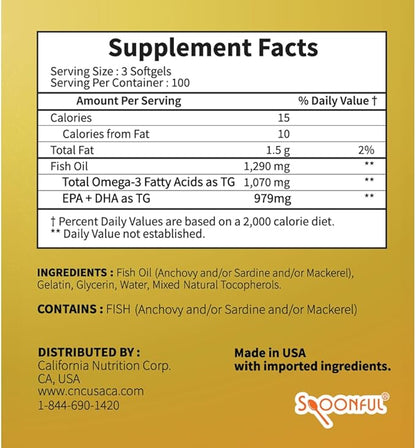 Spoonful Mini Omega 3 Fish Oil, iFOS Certified, 1290 mg Per Serving, 300 Softgels Pearls, Small Size Easy to Swallow Capsules, Made in USA