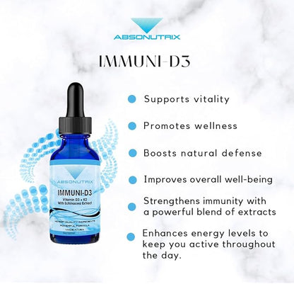 Absonutrix Vitamin D3 K2 Drops, 390mg, 4 Oz Liquid, 302 Servings, Made in USA, Quick Absorption, Quality Potent Ingredients, Non-GMO, GMP Certified, Cruelty-Free Products, (Immuni-D3)