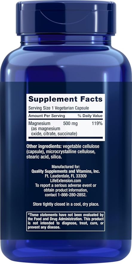 Life Extension Magnesium Caps 500mg, 270 Veg Capsules - Broad Spectrum - 3 Mags in 1 Supplement: Oxide, Citrate, Succinate - Vegetarian