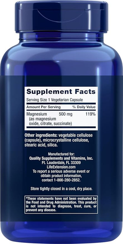 Life Extension Magnesium Caps 500mg, 270 Veg Capsules - Broad Spectrum - 3 Mags in 1 Supplement: Oxide, Citrate, Succinate - Vegetarian