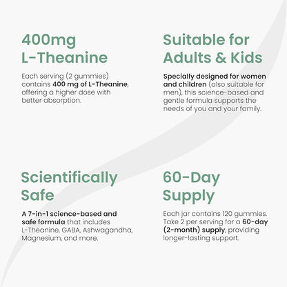 Stress Support Gummies for Kids & Adults, L-Theanine 400mg with Magnesium Glycinate, GABA & Ashwagandha, L Theanine Chewable Supplement for Relaxation, sleep, Calm & Focus, 120 Count, 60 Day Supply