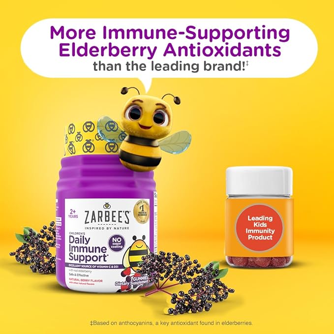 Zarbee's No Sugar Coating Elderberry Gummies for Kids, Daily Immune Support* Gummies with Vitamins C, D3 & Zinc to Support a Healthy Immune System*, No Artificial Flavors, Ages 2+, 60 ct