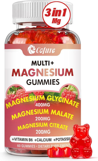 Triple Magnesium Complex 900 mg, Magnesium Glycinate, Citrate, Malate with Potassium, Calcium, Vitamin B6 for Calm & Sleep - Vegan, Non-GMO, Gluten Free - 60 Raspberry Gummies for Adults