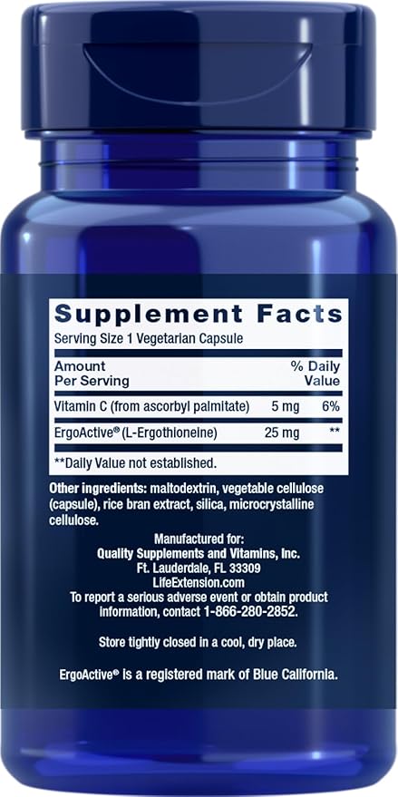 Life Extension Mega L-Ergothioneine, Healthy Aging Amino Acid, antioxidant, Powerful 25 mg dose, L-ergothioneine, Gluten-Free, Non-GMO, Vegetarian, 30 Capsules