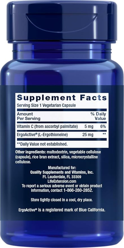 Life Extension Mega L-Ergothioneine, Healthy Aging Amino Acid, antioxidant, Powerful 25 mg dose, L-ergothioneine, Gluten-Free, Non-GMO, Vegetarian, 30 Capsules