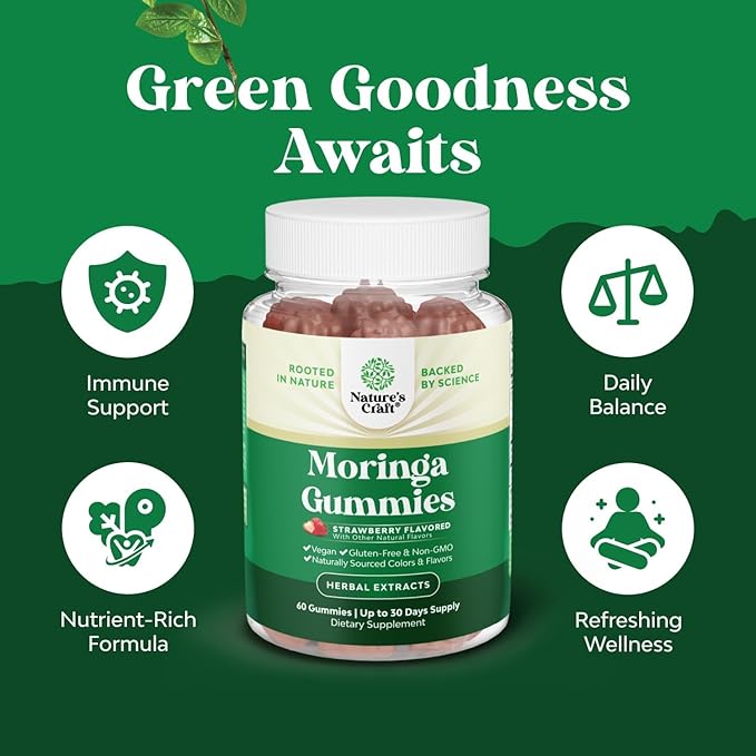 Extra Strength Moringa Gummies for Women - Natural Antioxidant Green Superfood Gummy Vitamins for Women with 10:1 Moringa Extract - Vegan Non-GMO & No Artificial Flavors or Colors - 60 Count