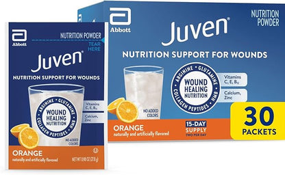 Juven Therapeutic Nutrition Drink Powder Including Collagen Peptides, Amino Acids, and HMB for Wound Healing Support, Orange, 30 Packets
