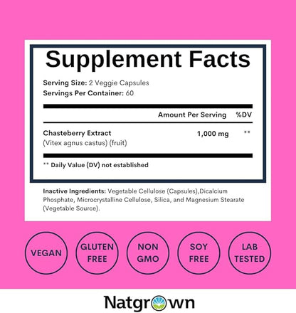 Natgrown Vitex Chasteberry Supplement for Women 1,000 mg - Supports Hormone Balance & Fertility - Agnus Castus Chaste Tree Vitex Berry Fruit Extract Capsules - 120 Ct
