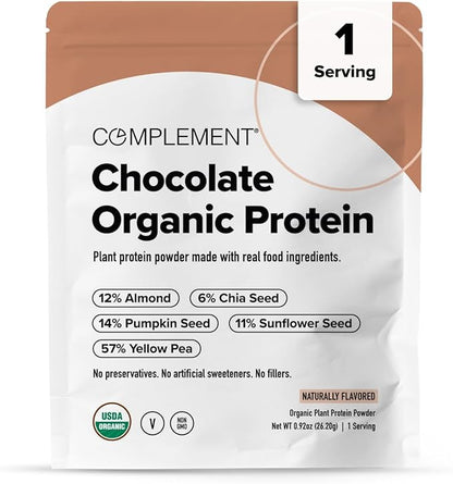 Complement Vegan Chocolate Protein Powder - Organic Protein Low Carb, Low Calorie, Sugar Free, Soy Free, Non-GMO, Gluten Free - 15g Yellow Pea, Pumpkin Seed Protein Powder (1 Serving)