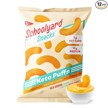 Schoolyard Keto Snacks - Cheddar Cheese - 15g Protein Puffs, Low Carb, Low Sugar - Gluten Free, Healthy & Diabetic Friendly, High Protein, Low Calorie snacks for Kids & Adults, USA Made, 12 Pack