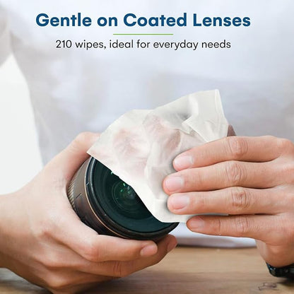 Care Touch Lens Wipes for Eyeglasses- 210 Count Individually Wrapped Pre- Moistened Wipes, 5 x 6 Inch- Camera Lens, Sunglasses and Glasses Cleaner,- Gentle and Portable for Cleaning of Optical Devices