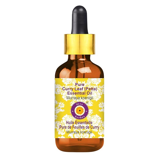 Deve Herbes Pure Curry Leaf (Patta) Essential Oil (Murraya koenigii) with Glass Dropper Steam Distilled 15ml (0.50 oz)