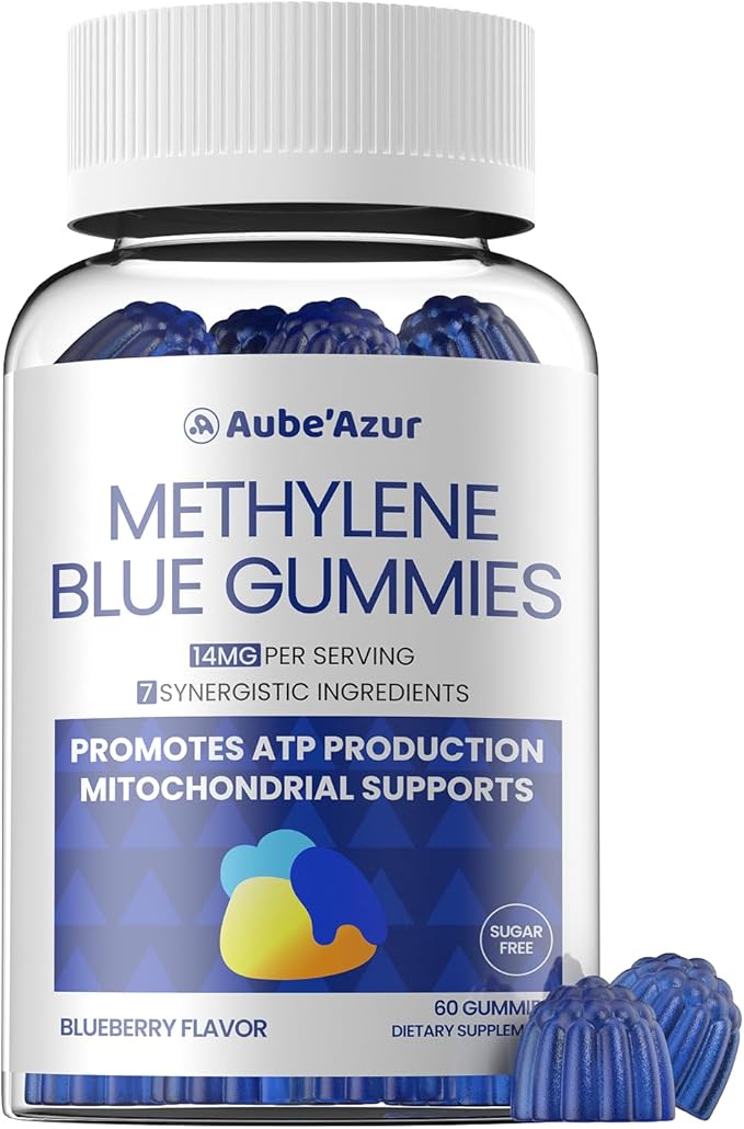 Aube'Azur Methylene Blue Gummies for Humans, 14mg Methylene Blue Supplement with L-Theanine, NAC, Nicotinamide & CoQ10 for Men Women, Fast-Absorbing, Vegan, Sugar-Free, Blueberry Flavor, 60 Count
