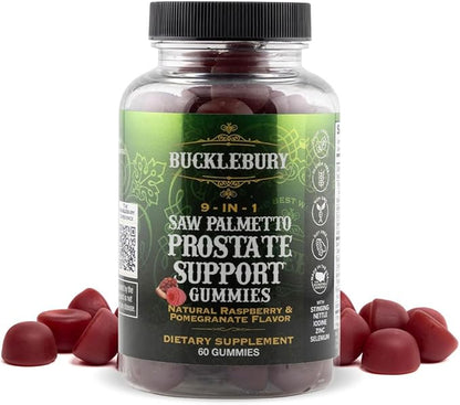 BUCKLEBURY 9-in-1 Natural Saw Palmetto Gummies with Raspberry & Pomegranate Flavor - Plant-Based Prostate Support Supplements for Mens Bladder Health, Hair Growth & Urinary Support - 60 Gummies
