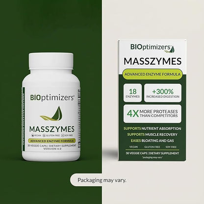 BIOptimizers MassZymes - Complete Digestive Enzymes Supplement for Gut Health - Bloating Relief for Men and Women - Lipase Amylase Bromelain Digestive Enzymes (30 Capsules)