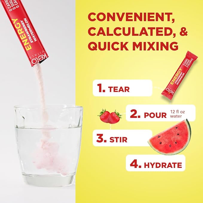 Keto Vitals Electrolyte Energy Drink Powder Packets - Electrolyte Supplement with 100mg Natural Caffeine, L Theanine & Organic Lion's Mane Extract - Strawberry Watermelon Keto Powder Packets, 30 Count