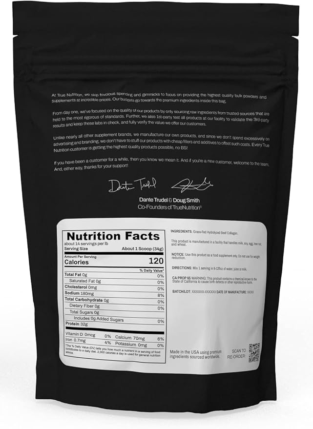 True Nutrition Hydrolyzed Collagen Powder - Grass Fed, Pasture-Raised Beef - 32g Collagen Protein per Serving - Paleo, Keto, Gluten Free, Dairy Free, Non-GMO - Unflavored - 1lb