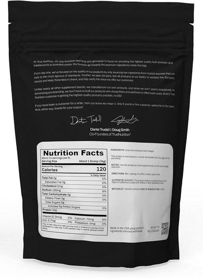 True Nutrition Hydrolyzed Collagen Powder - Grass Fed, Pasture-Raised Beef - 32g Collagen Protein per Serving - Paleo, Keto, Gluten Free, Dairy Free, Non-GMO - Unflavored - 1lb